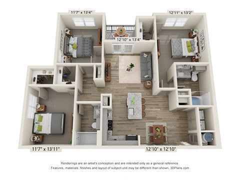 Floor plan for 3 beds, 2 baths, 1258 sqft